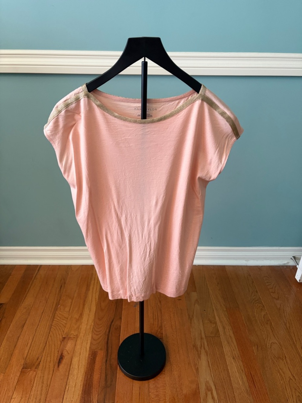 Ann Taylor Blush Pink Cap-Sleeve Tee with Gold Trim